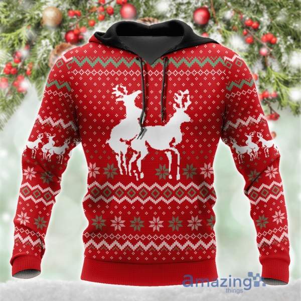 Funny Couple Deers Knitting Merry Christmas All Over Printed 3D Shirt - 3D Hoodie - Red