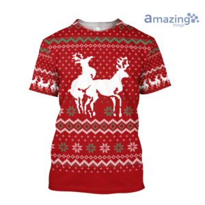 Funny Couple Deers Knitting Merry Christmas All Over Printed 3D Shirt - 3D T-Shirt - Red