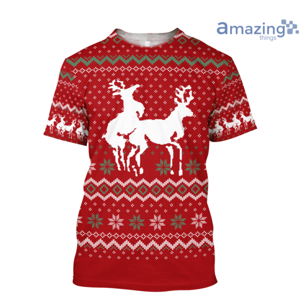 Funny Couple Deers Knitting Merry Christmas All Over Printed 3D Shirt - 3D T-Shirt - Red
