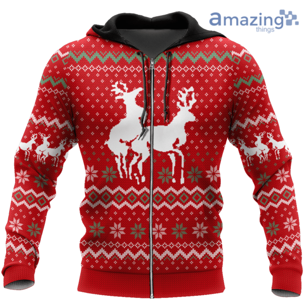 Funny Couple Deers Knitting Merry Christmas All Over Printed 3D Shirt - 3D Zip Hoodie - Red