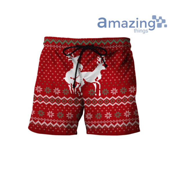 Funny Couple Deers Knitting Merry Christmas All Over Printed 3D Shirt - Short Pant - Red