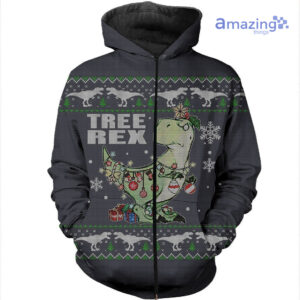 Merry Christmas Tree Rex Knitting All Over Printed 3D Shirts - 3D Zip Hoodie - Grey
