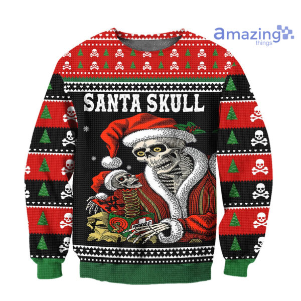 Santa Skull Knitting Pattern Ugly Christmas Printed 3D Shirts - 3D Sweatshirt - Black