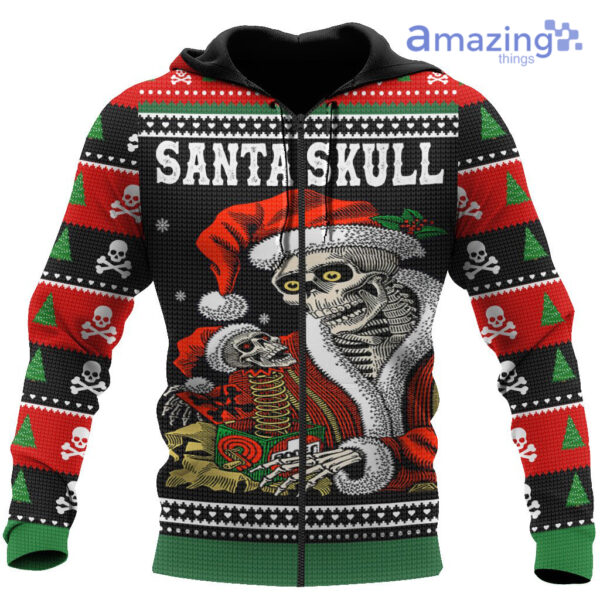 Santa Skull Knitting Pattern Ugly Christmas Printed 3D Shirts - 3D Zip Hoodie - Black