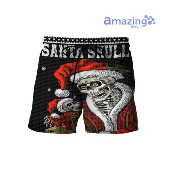 Santa Skull Knitting Pattern Ugly Christmas Printed 3D Shirts - Short Pant - Black