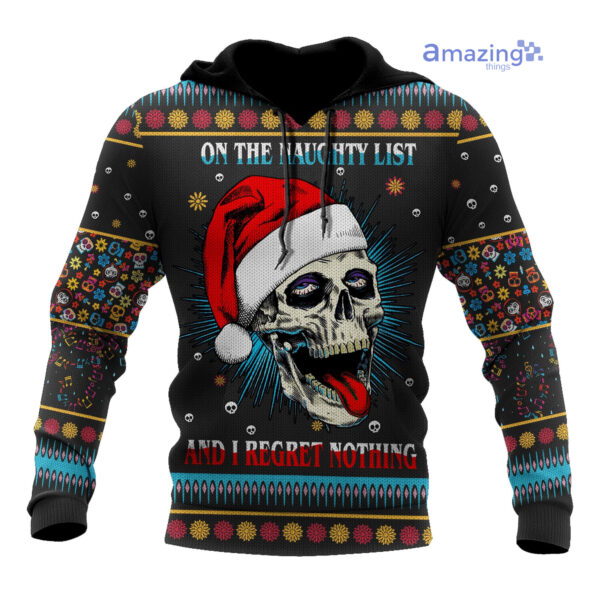 Skull On The Naughty List And I Regret Nothing Ugly Christmas Printed 3D Shirts - 3D Hoodie - Black