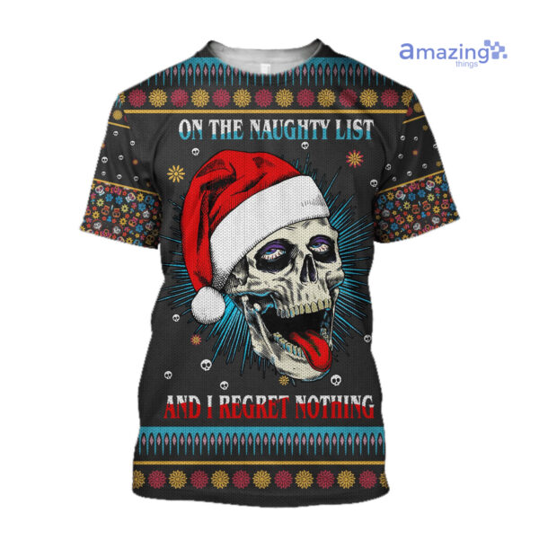 Skull On The Naughty List And I Regret Nothing Ugly Christmas Printed 3D Shirts - 3D T-Shirt - Black