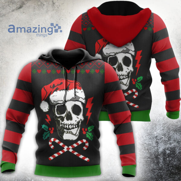 Skull Wear Santa Hat Watercolor Knitting Christmas Printed 3D Shirt - 3D Hoodie - Black