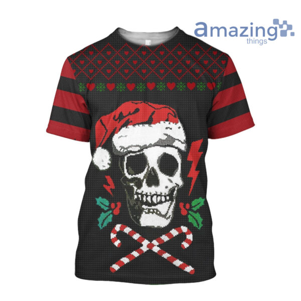 Skull Wear Santa Hat Watercolor Knitting Christmas Printed 3D Shirt - 3D T-Shirt - Black