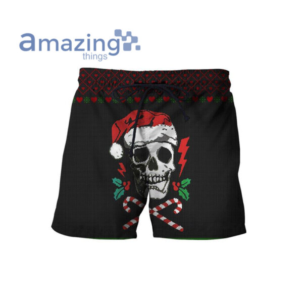 Skull Wear Santa Hat Watercolor Knitting Christmas Printed 3D Shirt - Short Pant - Black