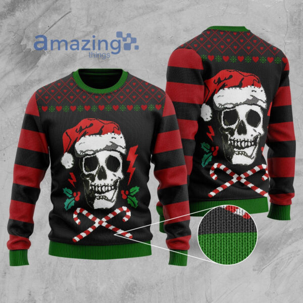 Skull Wear Santa Hat Watercolor Knitting Christmas Printed 3D Shirt - Sweater - Black