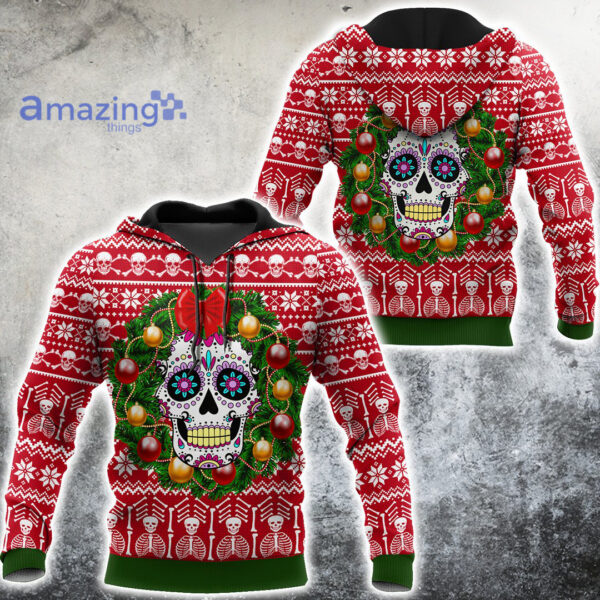 Skull With Wreath Christmas Ugly Christmas All Over Printed 3D Shirts - 3D Hoodie - Red