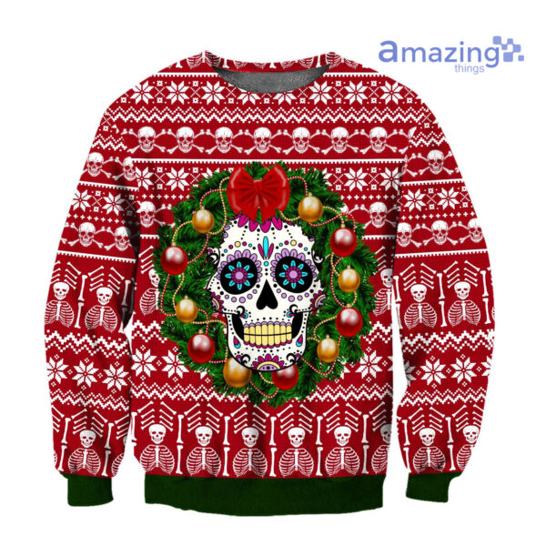 Skull With Wreath Christmas Ugly Christmas All Over Printed 3D Shirts - 3D Sweatshirt - Red