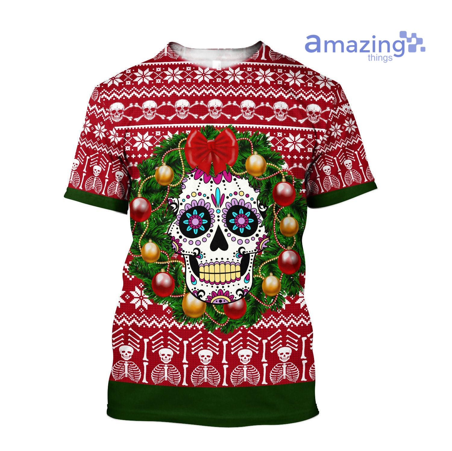 Skull With Wreath Christmas Ugly Christmas All Over Printed 3D Shirts - 3D T-Shirt - Red