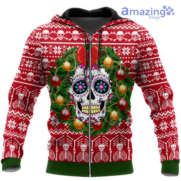 Skull With Wreath Christmas Ugly Christmas All Over Printed 3D Shirts - 3D Zip Hoodie - Red