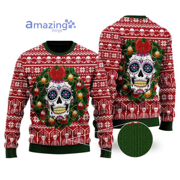 Skull With Wreath Christmas Ugly Christmas All Over Printed 3D Shirts - Sweater - Red