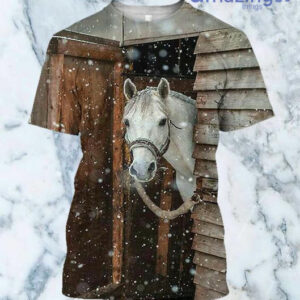 White Hores And Winnter Marry Christmas All Over Printed 3D Shirts - 3D T-Shirt - Black