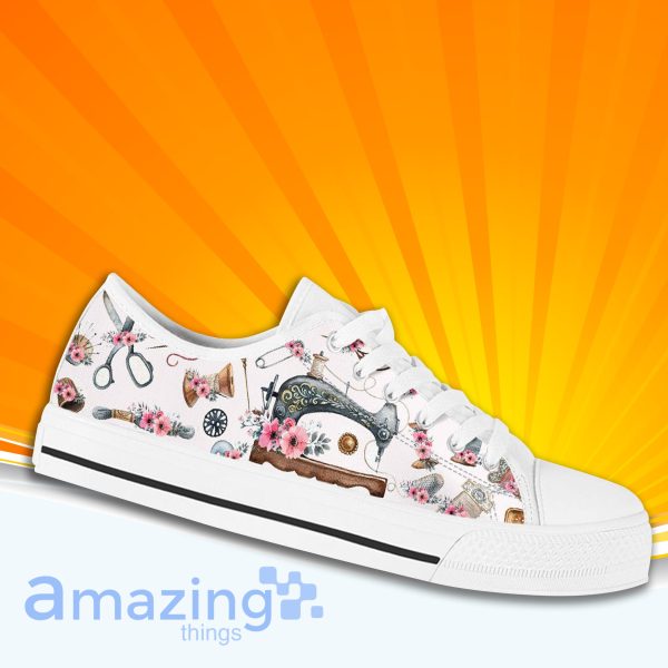 Floral Sewing Machine Low Cut Canvas Shoes For Men And Women
