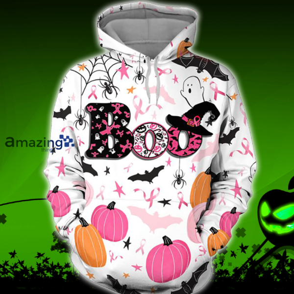 Boo Happy Halloween Breast Cancer Shirts Halloween Breast Cancer Awareness 3D Hoodie