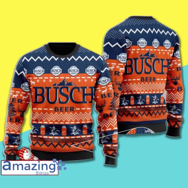 Busch Beer Blue And Orange All Over Printed Merry Christmas Knitting Pattern Ugly Sweater image Busch Beer Blue And Orange All Over Printed Merry Christmas Knitting Pattern Ugly Sweater