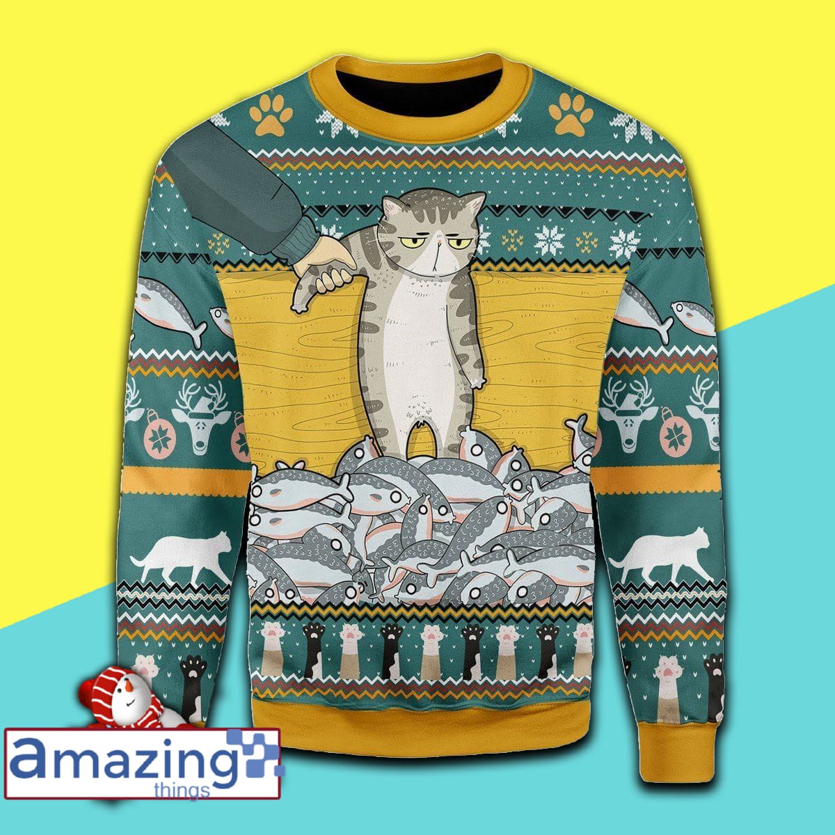 Cat With Fish Wool Knitting Pattern Christmas Ugly Sweater Sweatshirt