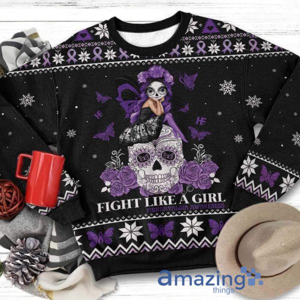 Fight Like A Girl Fibromyalgia Awareness Pattern Christmas Ugly Sweater