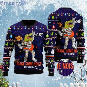 Funny T-rex Play Rock Mic Between Stars Planets Ugly Christmas Sweaterproduct photo 1