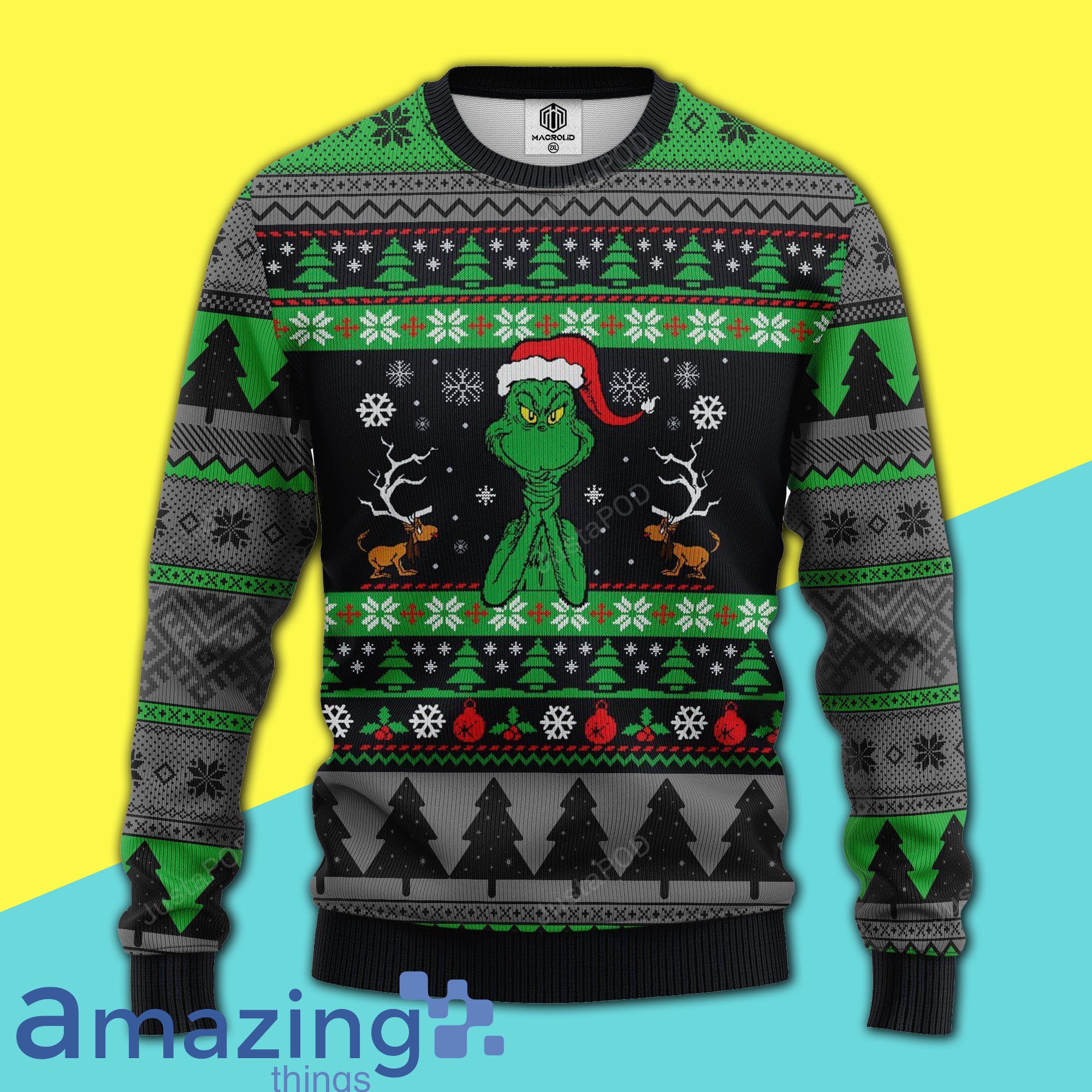 Grinch Christmas Tree Snowflakes Green Black Grey Ugly Christmas Sweater image Grinch Christmas Tree Snowflakes Green Black Grey Ugly Christmas Sweater Product photo 1