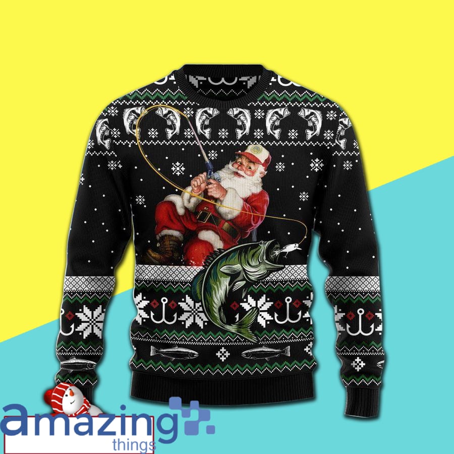 Santa Claus Fishing Wool Knitting Pattern Christmas Ugly Sweater Sweatshirt