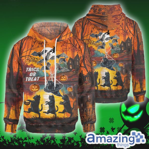 Spooky Trick Or Treat Black Cat Halloween 3D Hoodie For Men Women