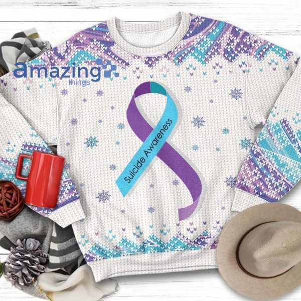 Teal And Purple Ribbon Suicide Prevention Awareness Christmas Ugly Sweater