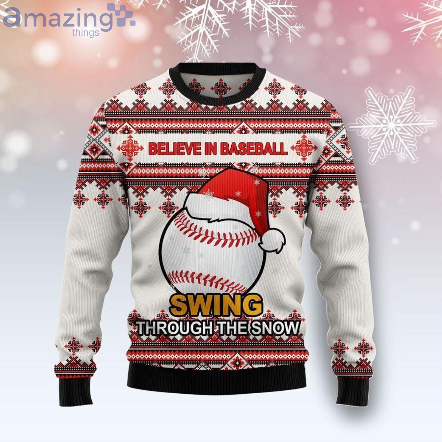 Baseball Santa Hat Swing Through The Snow Christmas Ugly Sweater image Baseball Santa Hat Swing Through The Snow Christmas Ugly Sweater Product Photo 1 Product photo 1