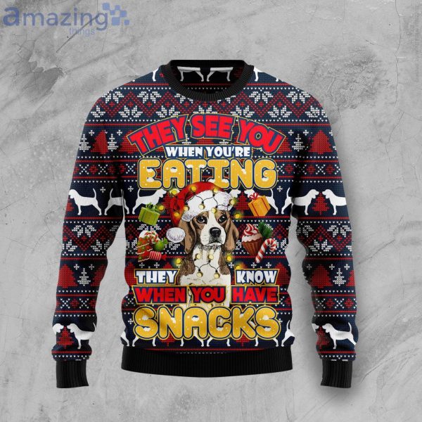 Beagle They Know When You Have Snacks Ugly Christmas Sweater Product Photo 1