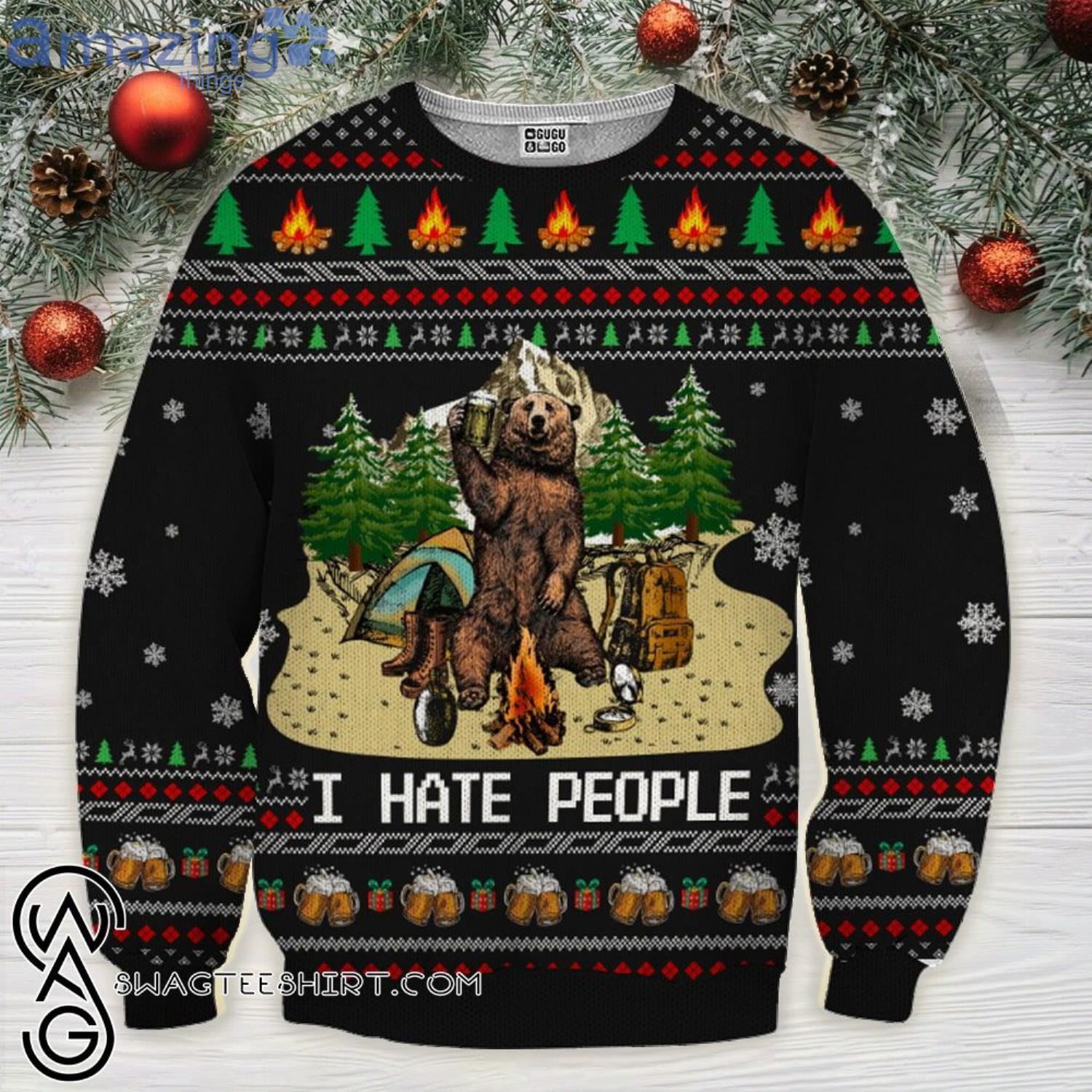 Bear Beer Camping I Hate People Full Printing Ugly Christmas Sweater Product Photo 1