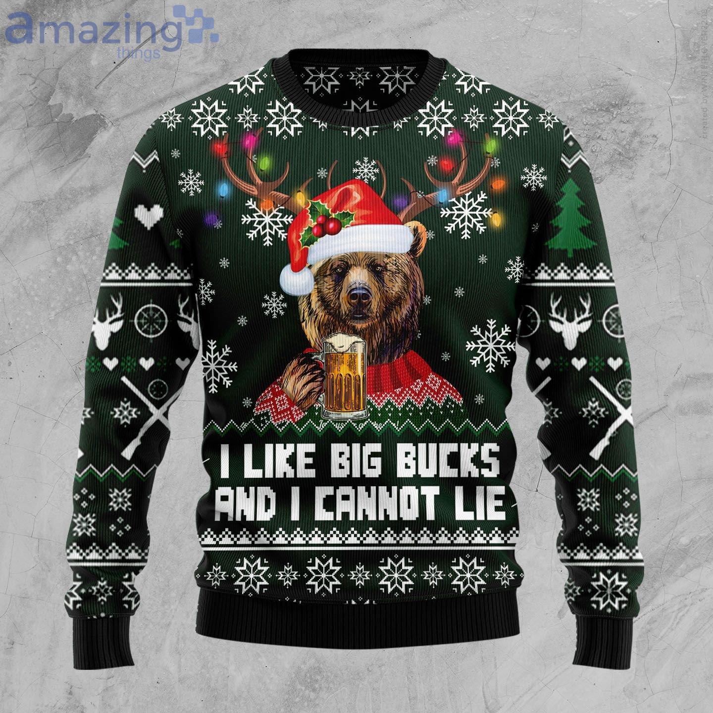 Bear Hunting And Beer I Like Big Bucks And I Cannot Lie Ugly Christmas Sweater Product Photo 1