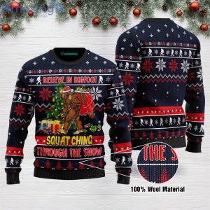 Believe In Bigfoot Squatching Through The Snow Ugly Christmas Sweater