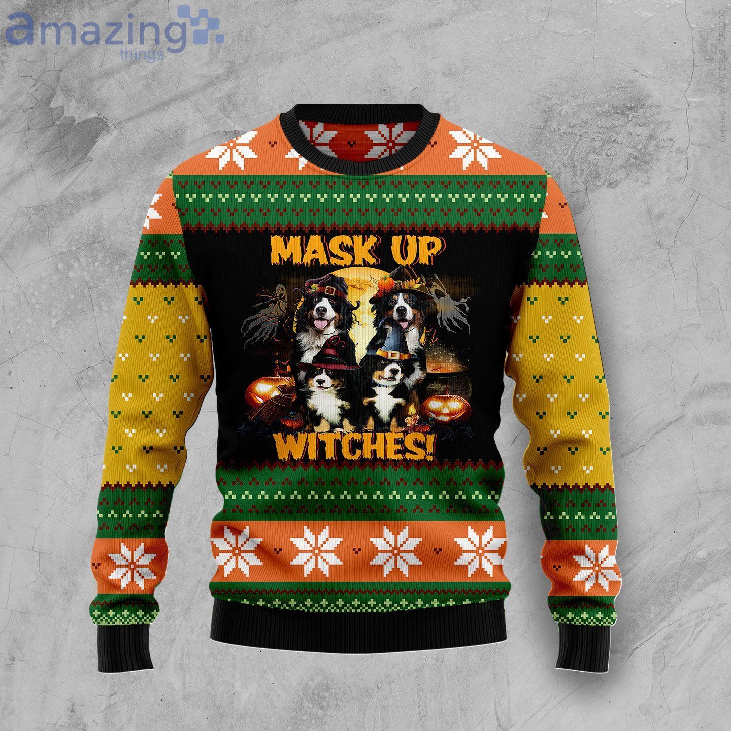 Bernese Mountain Dog Mask Up Witches Dog Lover Halloween Sweater image Bernese Mountain Dog Mask Up Witches Dog Lover Halloween Sweater Product Photo 1 Product photo 1