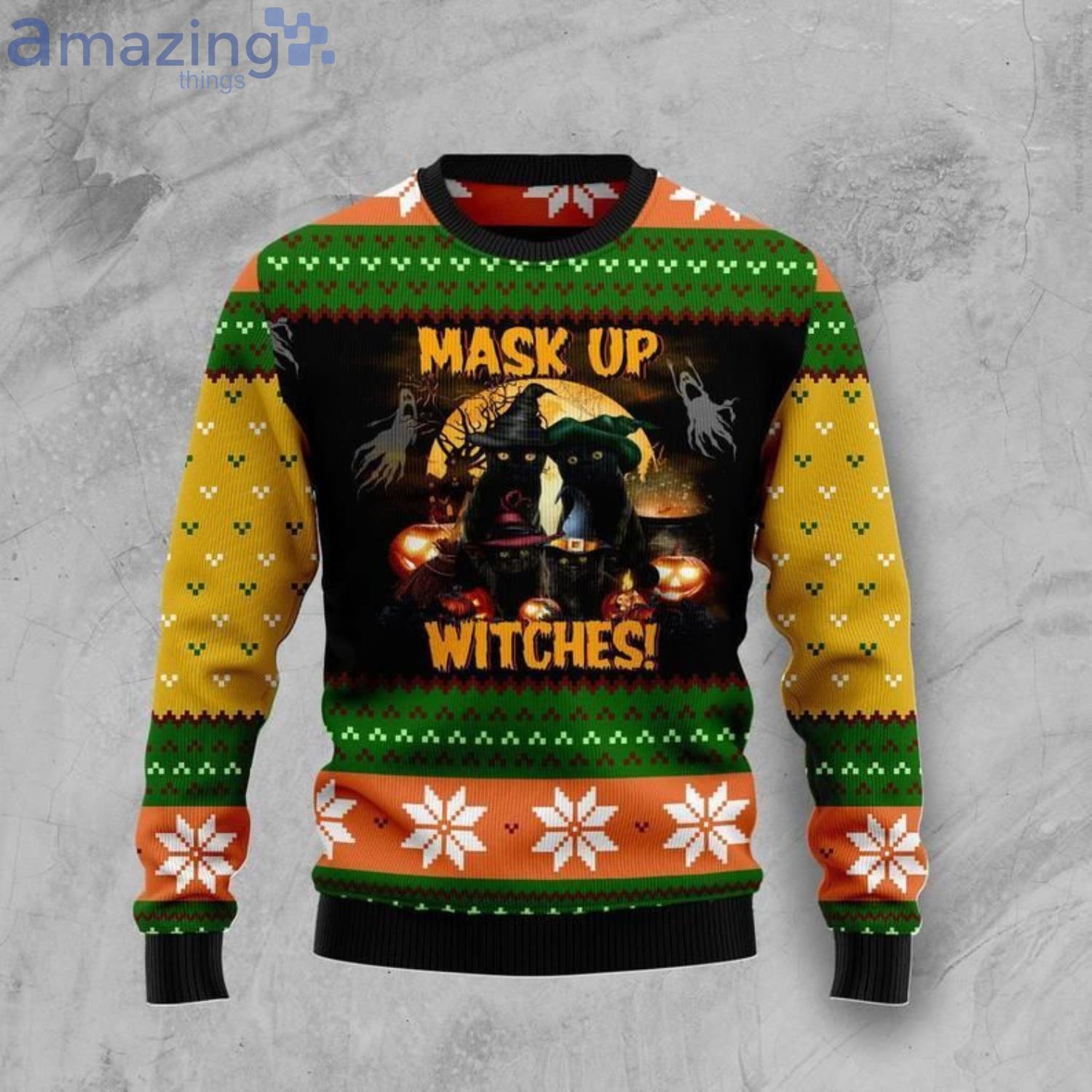 Black Cat Mask Up Witches Christmas Ugly Sweater image Black Cat Mask Up Witches Christmas Ugly Sweater Product Photo 1