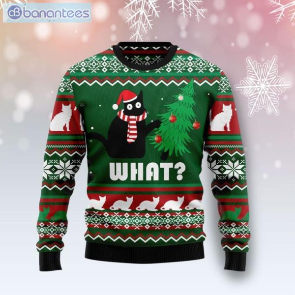 Black Cat What And Christmas Tree Christmas Ugly Sweater
