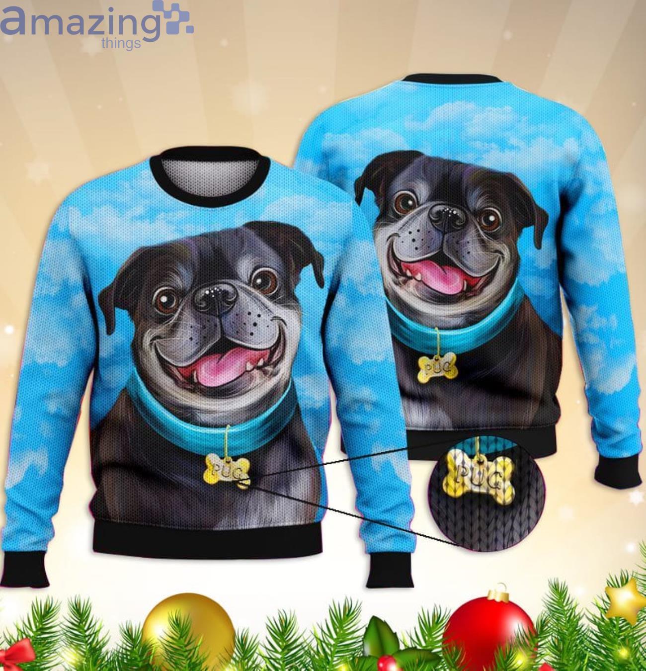 Black Pug Blue Cute Pug Face 3D Sweater Product Photo 1