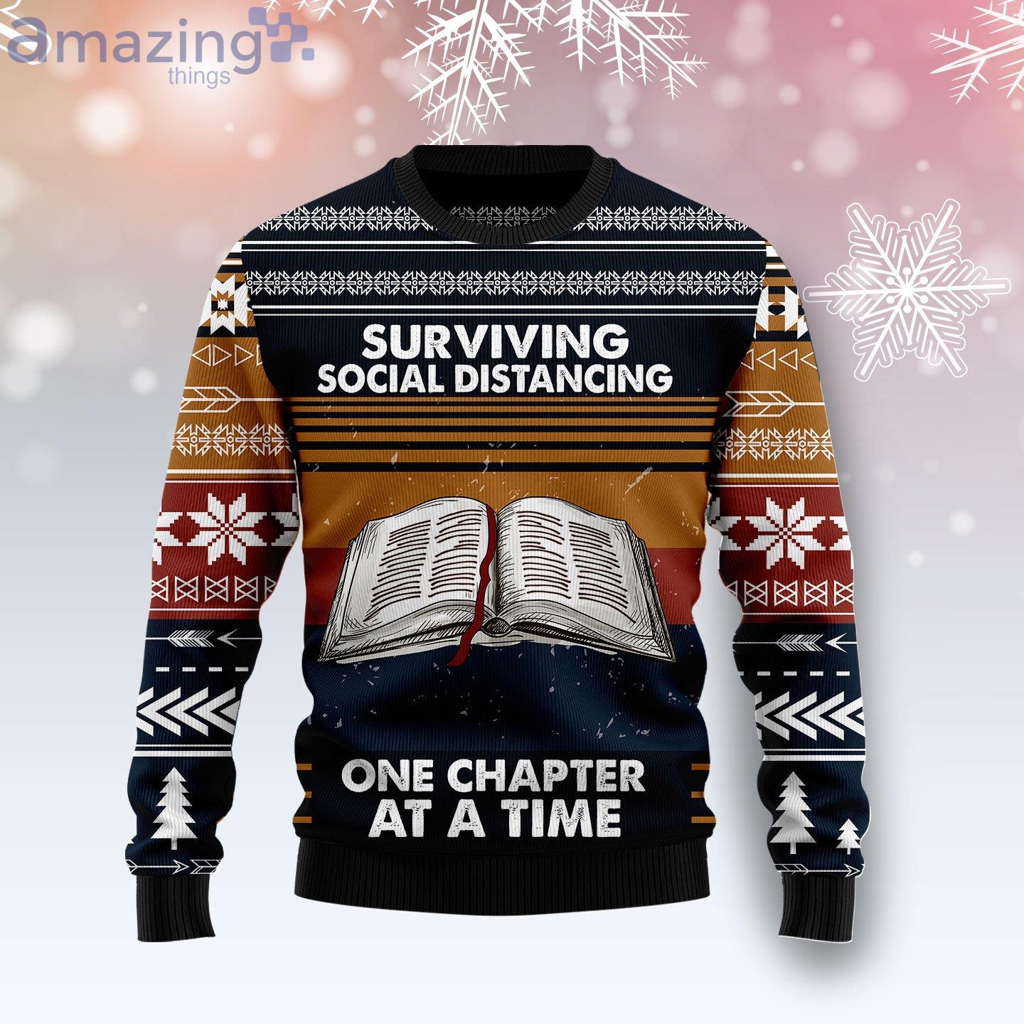 Book Retro Vintage Surviving Social Distancing Ugly Christmas Sweater Product Photo 1