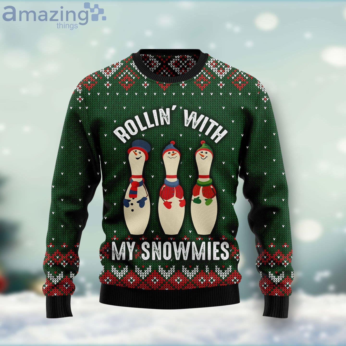 Bowling Rollin' With My Snowmies Ugly Christmas Sweater image Bowling Rollin