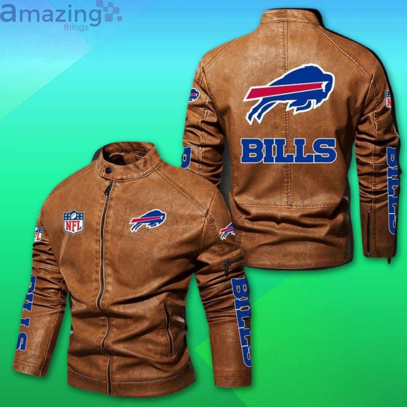 Buffalo Bills Mens Bomber Leather Jacket Winter Vintage Hooded Coat Outwear  Gift