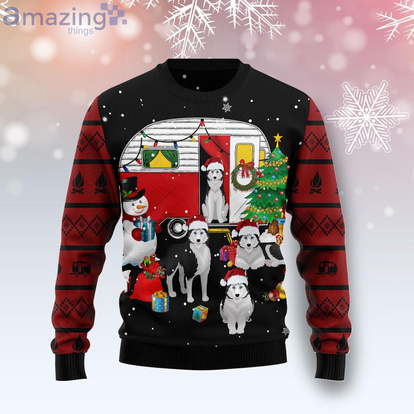 Camping Car And Siberian Husky Dog Lover Ugly Christmas Sweater Product Photo 1