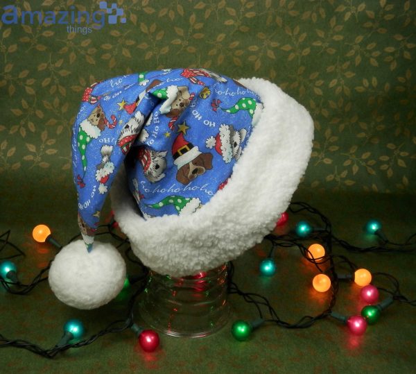 Christmas Dogs Hohoho Pattern Blue Christmas Santa Hat For Adult And Child Product Photo 2