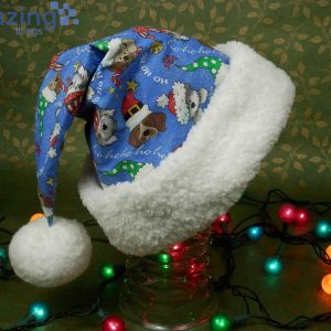Christmas Dogs Hohoho Pattern Blue Christmas Santa Hat For Adult And Child Product Photo 1