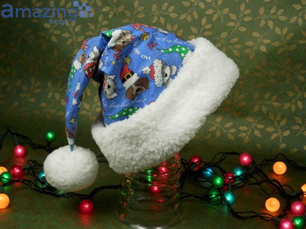 Christmas Dogs Hohoho Pattern Blue Christmas Santa Hat For Adult And Child Product Photo 5