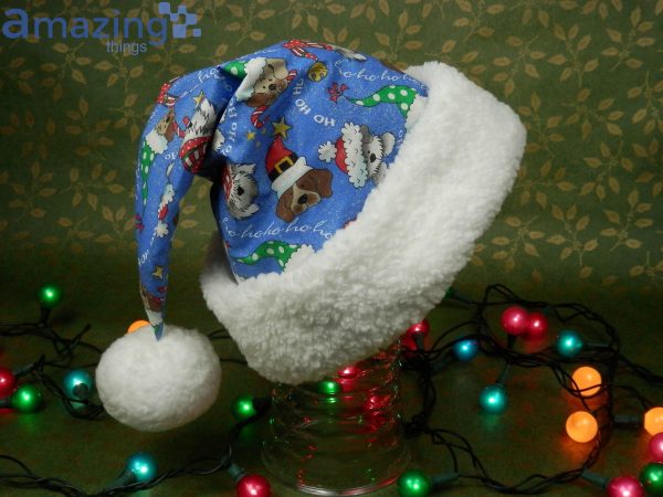 Christmas Dogs Hohoho Pattern Blue Christmas Santa Hat For Adult And Child Product Photo 1