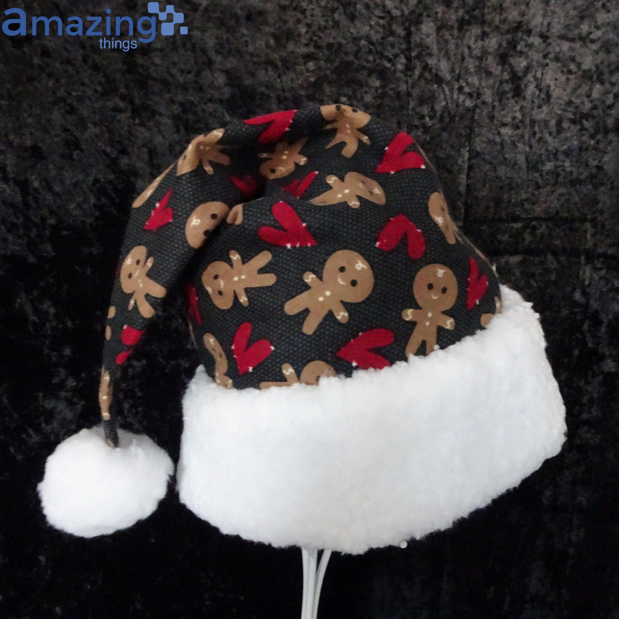 Christmas Gingerbread Cookies And Red Hearts Pattern Christmas Santa Hat For Adult And Child image Christmas Gingerbread Cookies And Red Hearts Pattern Christmas Santa Hat For Adult And Child Product Photo 1 Product photo 1