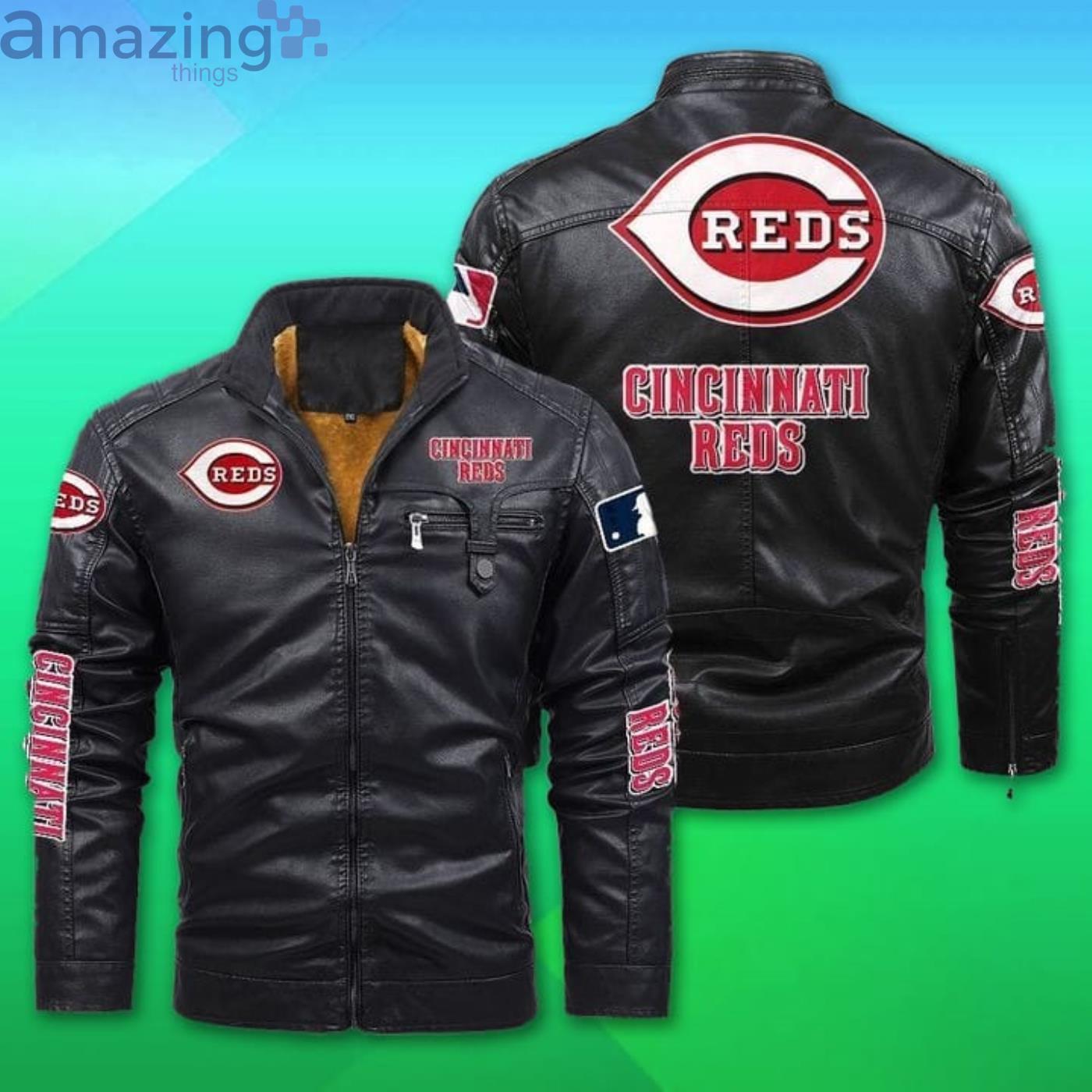 Cincinnati Reds Fleece Leather Jacket Product Photo 1 Cincinnati Reds Fleece Leather Jacket Product Photo 1